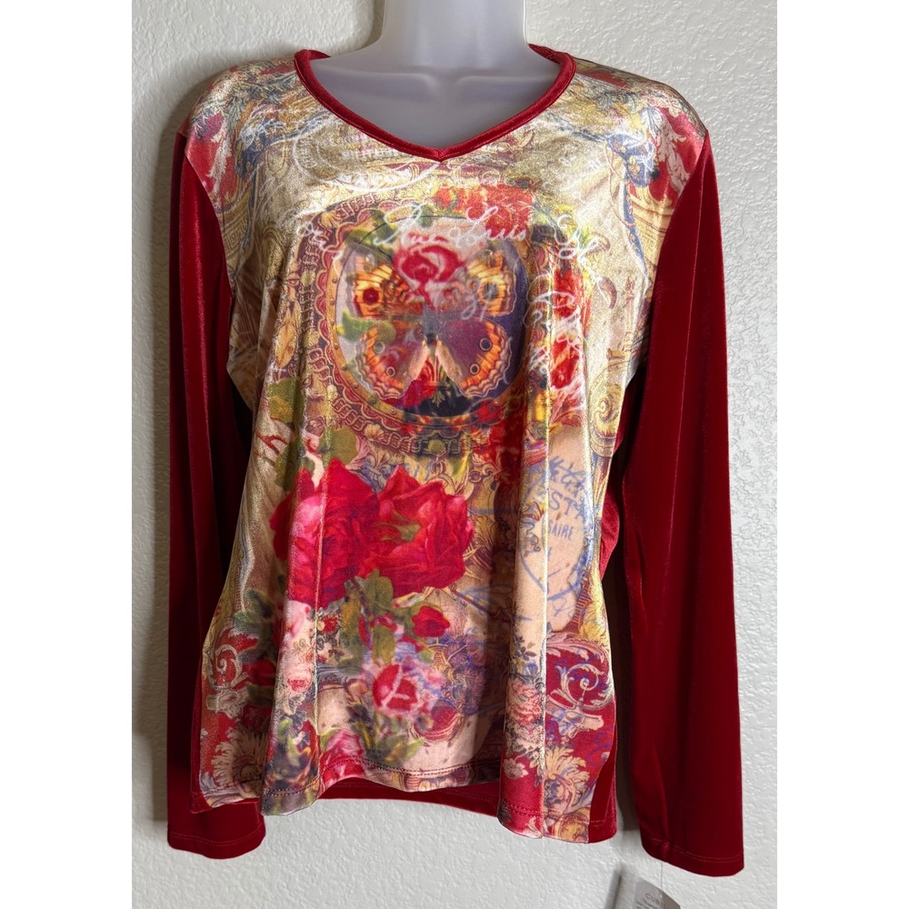 Cubism Womens XL Top Red Velvet Long Sleeve Floral Butterfly Graphic Print NEW
